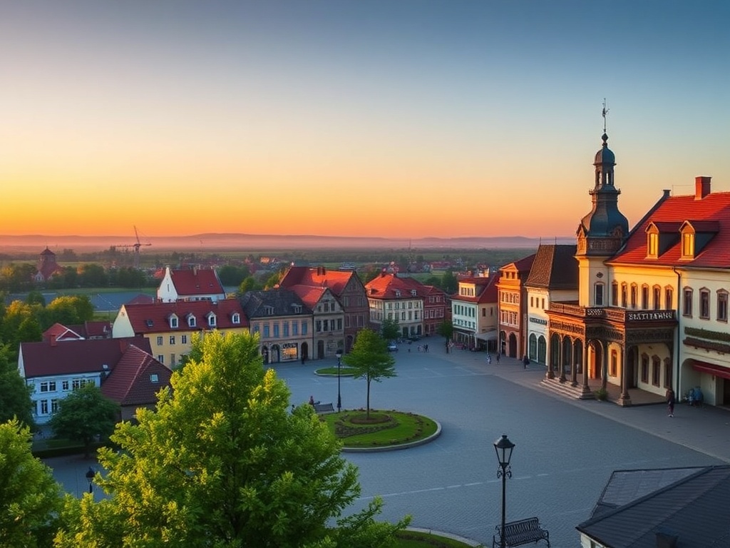 Widok na aleję kwitnących kasztanowców w Kościerzynie w słoneczny wiosenny dzień.