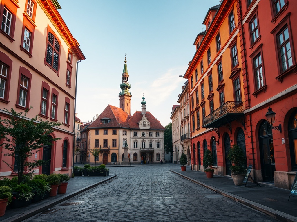 Panorama miasta Kościerzyna z widocznymi historycznymi budynkami i nowoczesną zabudową.